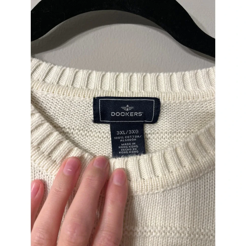 Dockers Mens 3XL Cream White Cotton Grid Textured Knit Crewneck Sweater